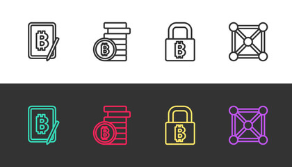 Set line Mining bitcoin from tablet, Bitcoin, Lock with and Blockchain technology on black and white. Vector