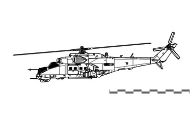 Mil Mi-24A Hind-B. Vector drawing of attack helicopter with. Side view. Image for illustration and infographics.