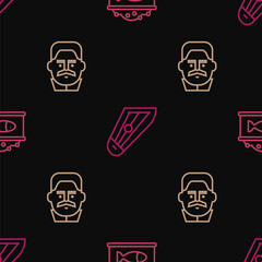 Set line Tin can with caviar, Joseph Stalin and Kankles on seamless pattern. Vector