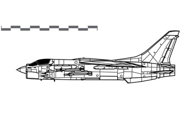 Vought F-8 Crusader. Vector drawing of supersonic navy fighter. Side view. Image for illustration and infographics.