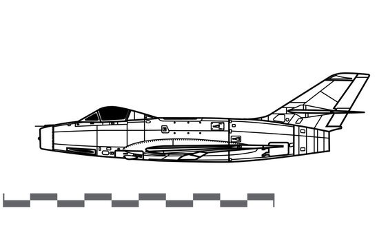recommend clip art: Dassault MD 452 Mystere II. Vector drawing of French fighter-bomber. Side view. Image for illustration and infographics.