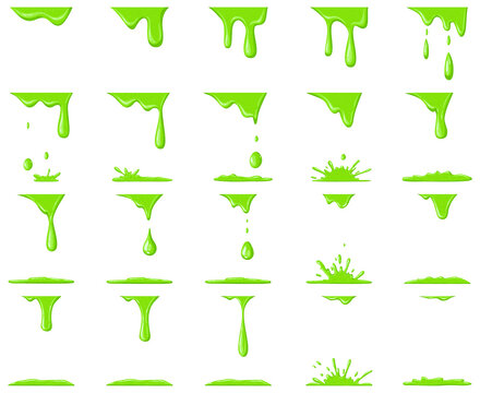 Slime animation. Dripping green cartoon drops and splash, halloween liquid toxic slime blobs vector illustration set. Green slime animation