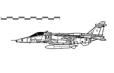 SEPECAT Jaguar GR1. Vector drawing of jet attack aircraft. Side view. Image for illustration and infographics. © Alex