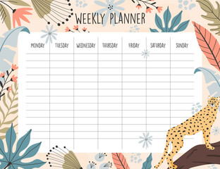 Weekly planner template. Tropical cheetah background, hand drawn illustrations.
