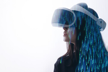 Double exposure of woman and futuristic holographic interface to display data. Female using VR helmet. Augmented reality, future technology, game concept. White background.