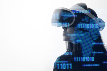 Double exposure of woman and futuristic holographic interface to display data. Female using VR helmet. Augmented reality, future technology, game concept. White background.