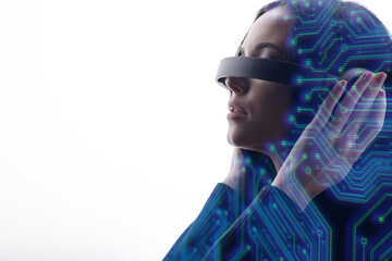 Double exposure portrait of woman and futuristic holographic interface to display data. Female using VR glasses. Future technology, business, innovative ideas, finance concept. White background.