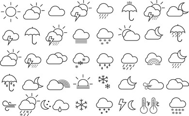 Set of 43 weather web icons in line style. Weather , clouds, sunny day, moon, snowflakes, wind, sun day. Vector illustration.