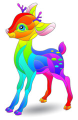 An illustration in the style of a stained glass window with a bright fawn, an animal isolated on a white background