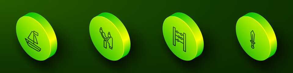 Set Isometric line Toy boat, Slingshot, Abacus and Sword toy icon. Vector