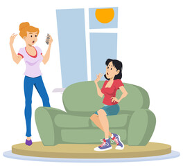 Two girlfriends are talking near window. Illustration for internet and mobile website.
