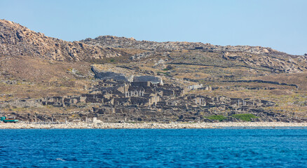 Greece. Delos island ancient civilization ruins at seaside Cyclades