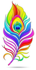 Obraz premium An illustration in the style of a stained glass window with a bright peacock feather, the feather is isolated on a white background
