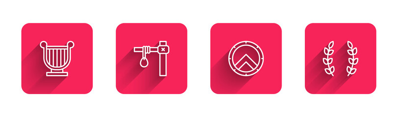 Set line Ancient lyre, Gallows, Greek shield and Laurel wreath with long shadow. Red square button. Vector