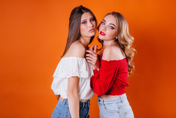 Two young and beautiful girls shows emotions and smiles in the Studio on an orange background. Girls for advertising