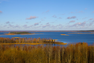 View from the top to a beautiful lake in autumn.