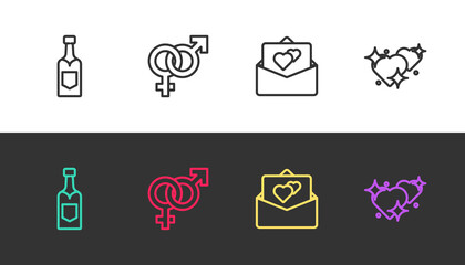 Set line Champagne bottle, Gender, Greeting card and Two Linked Hearts on black and white. Vector