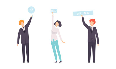 Set of People Bidding in Public Auction, Buyers Holding Paddles Flat Vector Illustration