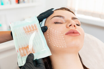 Facial lifting thread. Thread facelift with arrows on face for woman's skin, procedure facial...