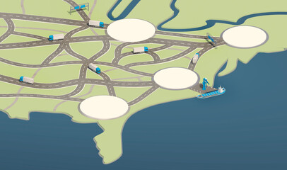 mockup point on the coast map with unloading ship and trucks on the roads
