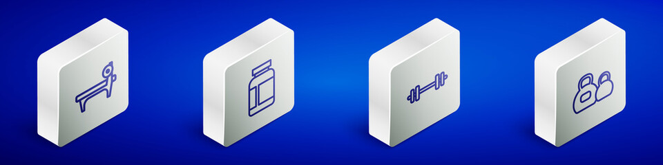 Set Isometric line Bench with barbel, Sports nutrition, Barbell and Kettlebell icon. Vector