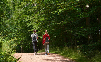 Fototapeta premium zwei mädchen gehen auf einem waldweg
