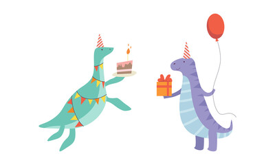 Cute Dinosaurs in Party Hats at Birthday Party Set, Adorable Funny Dino Characters Holding Gift Box and Piece of Cake Cartoon Vector Illustration