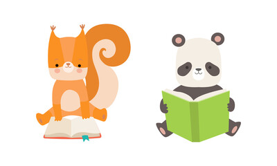 Funny Baby Animals Reading Books Set, Adorable Little Squirrel and Panda Bear Sitting and Learning, Kids Education Concept Cartoon Vector Illustration