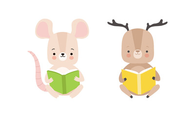Fototapeta premium Funny Baby Animals Reading Books Set, Adorable Little Mouse and Deer Sitting and Learning, Kids Education Concept Cartoon Vector Illustration