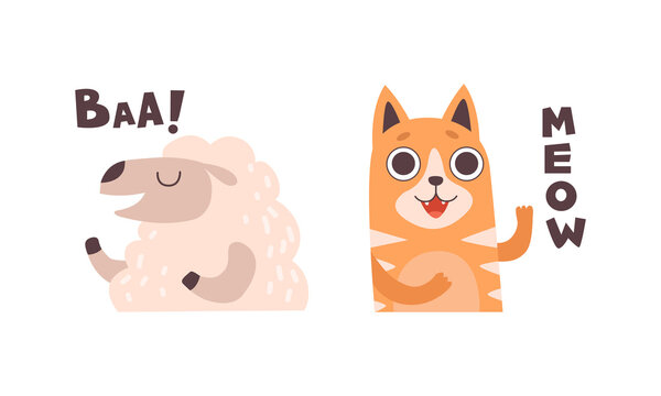 Cute Animals Making Sounds Set, Adorable Sheep, Cat Saying Baa, Meow Cartoon Vector Illustration