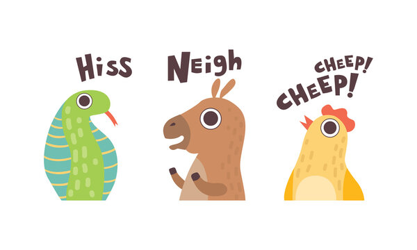 Cute Animals Making Sounds Set, Adorable Snake, Kangaroo, Chicken Saying  Hiss, Neigh, Cheep Cartoon Vector Illustration Stock Vector | Adobe Stock