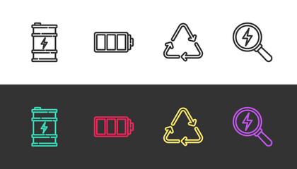 Set line Bio fuel barrel, Battery, Recycle symbol and Lightning bolt on black and white. Vector