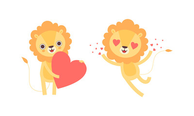 Adorable Lion Character Activities Set, Cute African Animal Fell in Love Cartoon Vector Illustration