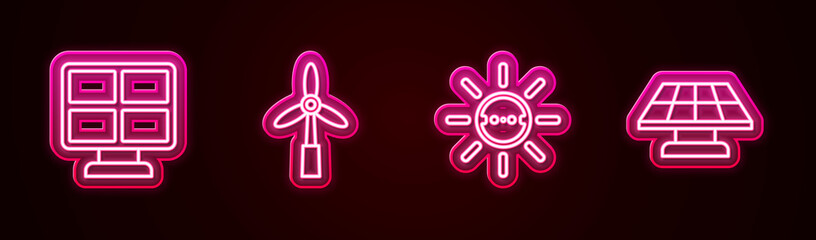 Set line Solar energy panel, Wind turbine, and . Glowing neon icon. Vector