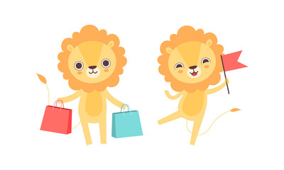 Adorable Lion Character Activities Set, Cute African Animal Holding Shopping Bags and Red Flag Cartoon Vector Illustration