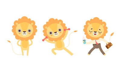 Adorable Lion Character Activities Set, Cute African Animal Exercising with Dumbbells and Walking at Work Wearing Business Suit Cartoon Vector Illustration
