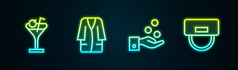 Set line Martini glass, Bathrobe, Paying tips and Bellboy hat. Glowing neon icon. Vector