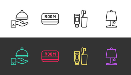 Set line Covered with tray, Hotel key card, Toothbrush and toothpaste and Table lamp on black and white. Vector