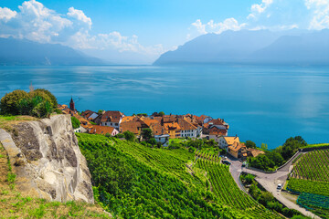 Fototapeta na wymiar Rivaz village and vineyards on the lake shore, Switzerland