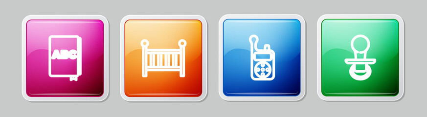 Set line ABC book, Baby crib cradle, Monitor Walkie Talkie and dummy pacifier. Colorful square button. Vector