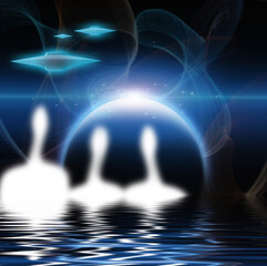 Aliens and alien planet with ships