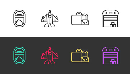 Set line Airplane window, Jet fighter, Suitcase and Aircraft hangar on black and white. Vector