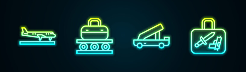 Set line Plane, Conveyor belt with suitcase, Passenger ladder and Suitcase. Glowing neon icon. Vector