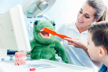 Boy looking at dentist doctor brushing the teeth of stuffed dinosaur teeth in clinic