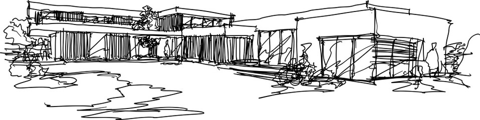 hand drawn architectural sketches of modern two story detached house with flat roof and people around