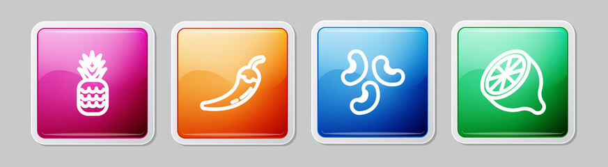Set line Pineapple, Hot chili pepper pod, Beans and Lemon. Colorful square button. Vector