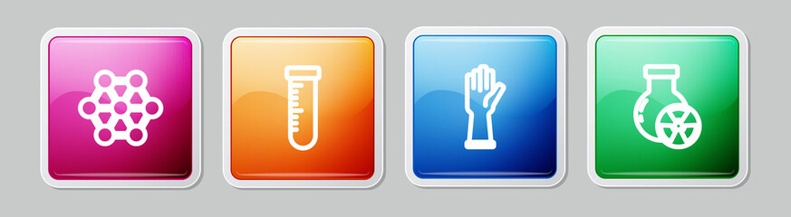 Set line Molecule, Test tube and flask, Medical rubber gloves and radiation. Colorful square button. Vector