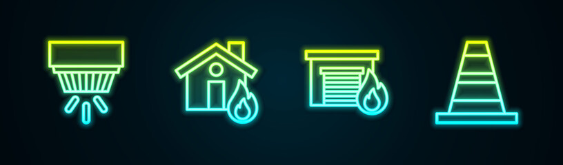 Set line Smoke alarm system, Fire in burning house, garage and Traffic cone. Glowing neon icon. Vector