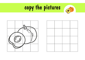 Children s simple mini-game - draw a peach on paper. Copy the fruit picture using grid lines, simple toddler game with easy level of play, drawing for kids