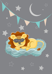 Cute lion lying on a cloud in a sleeping mask. Vector illustration for decoration of children spaces.